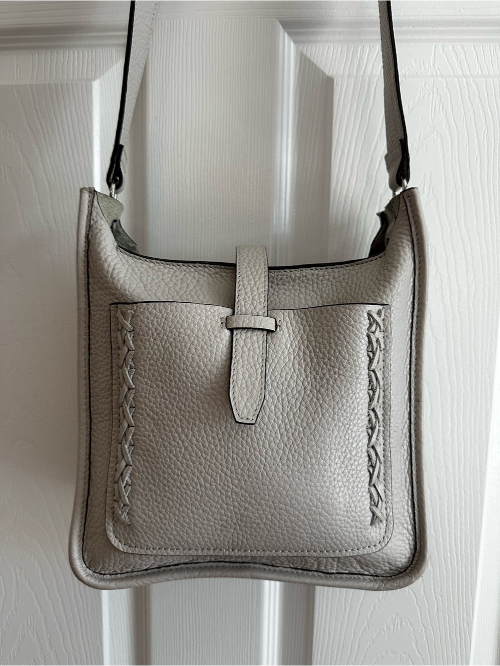 Rebecca Minkoff Light Gray Pebbled Leather Shoulder Bag with Braided Trim